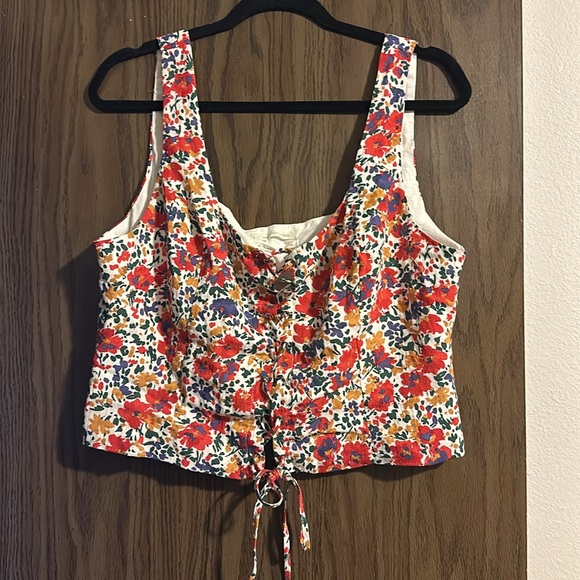 UO Aurora Cottage Core Floral Lace-Up Peasant Top - Picture 6 of 7